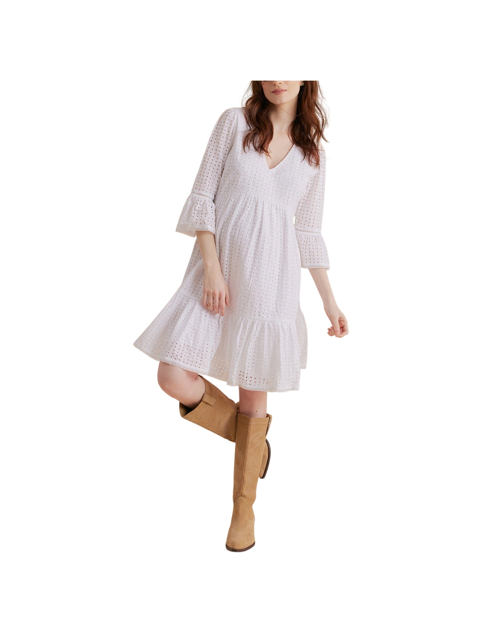 Hatch Elegant Optic White Bell Sleeve Eyelet Mini Dress Size S